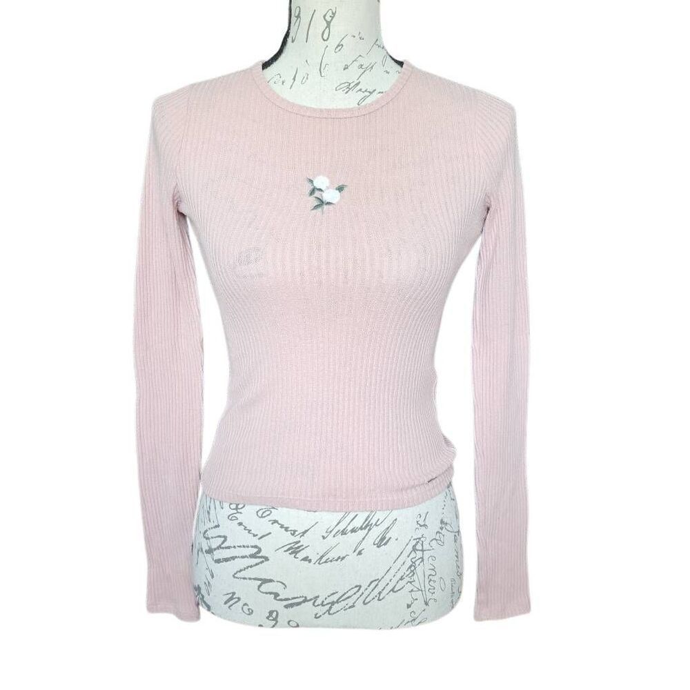 Hollister Women's Size XS Pink White Floral Ribbed Long Sleeve Baby Tee